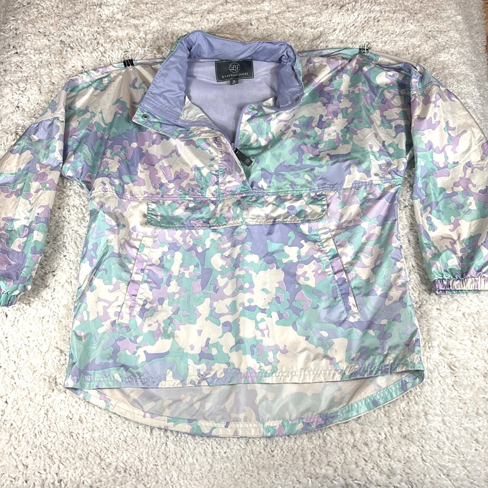 Lauren James Women's Pink/Purple/Green Camo 1/4 Zip Rain Jacket, Size Medium